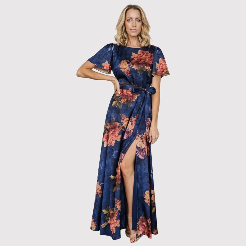 NWT Baltic Born Maxi Dress Blue Colina Satin Floral Flutter Side Slit Medium